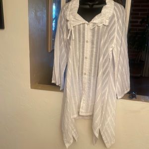 Women’s White Stripe Button-Down Tunic Shirt with Ruffled Collar